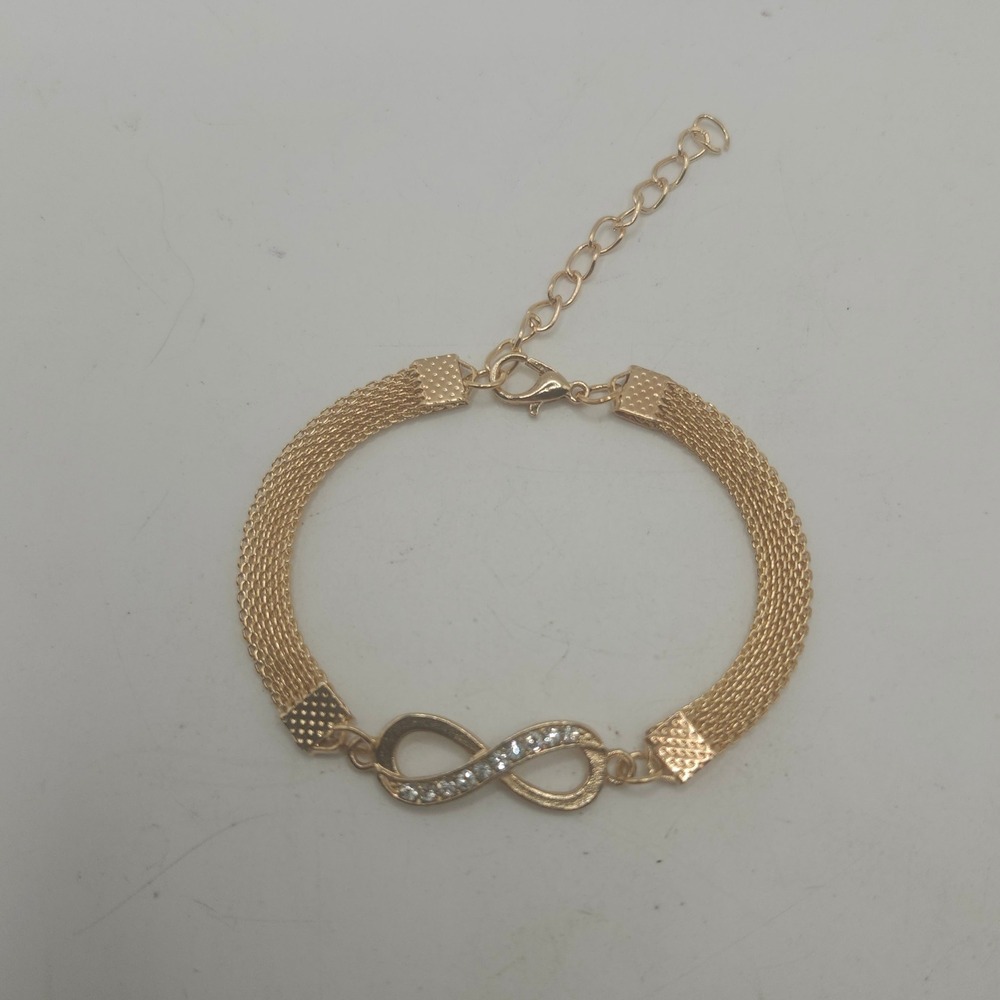 Gold Tone Mesh Bracelet Infinity Symbol Rhinestone Adjustable Petite Anklet Gift